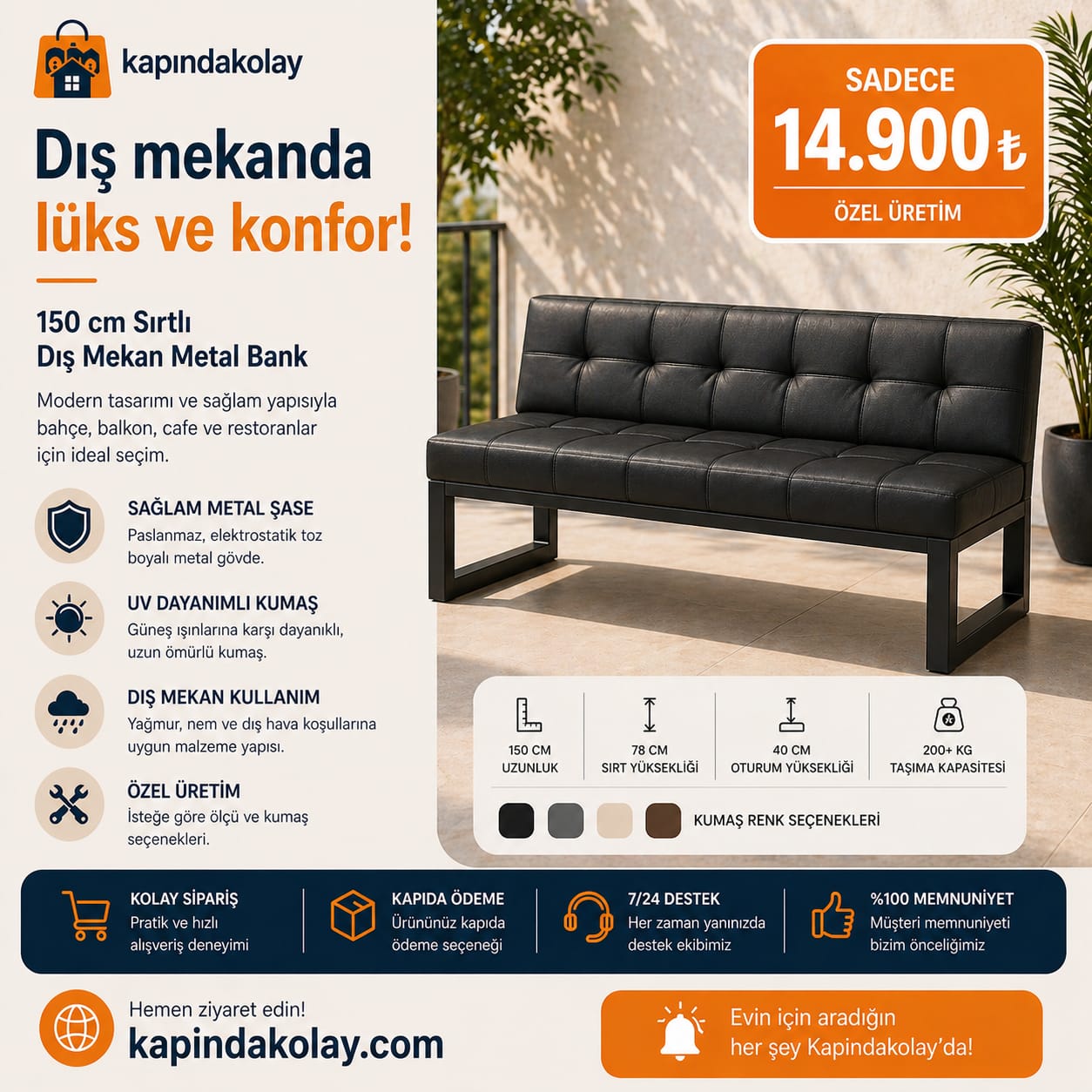 150 Cm Sırtlı Dış Mekan Metal Bank